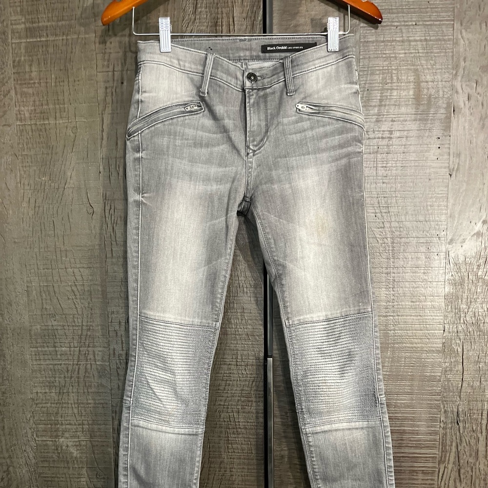 Black Orchid Rock Distressed Mid Rise Gray Jeans